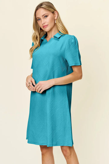 Take Full Size Texture Collared Neck Short Sleeve Dress DJPT